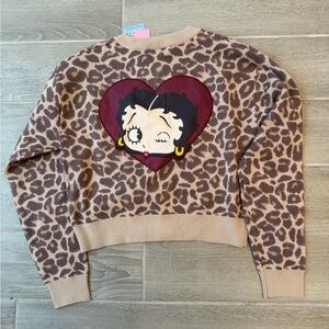 NWT Betty Boop Graphic Leopard Long Sleeves Button Cardigan Sweater Women Size S